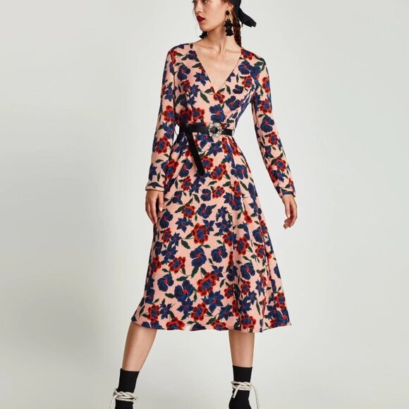 Zara Dresses & Skirts - Zara Trafaluc Collection Floral Long Sleeve Wrap Midi Dress -Small